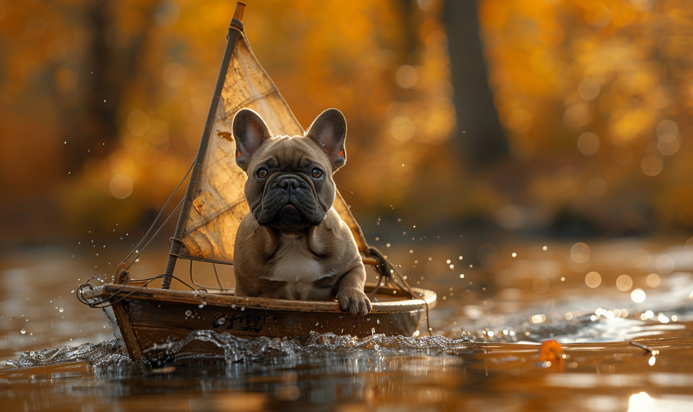 French Bulldog in sailboat, autumn backdrop, serious expression.