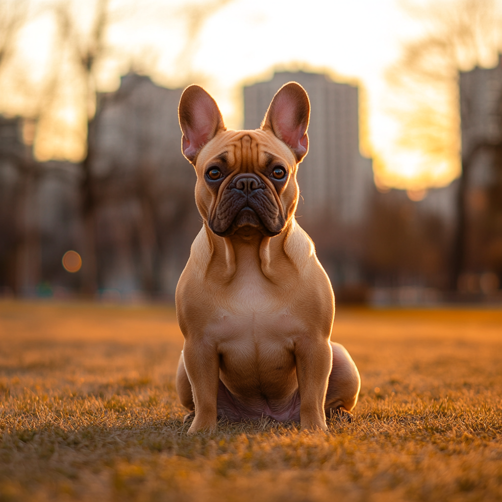 French Bulldog portrait in urban park with detailed textures.