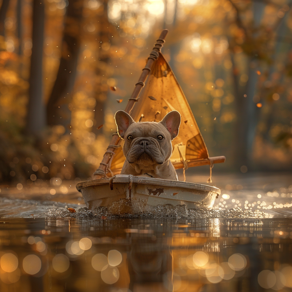 French Bulldog sailing in wooden boat on calm water.