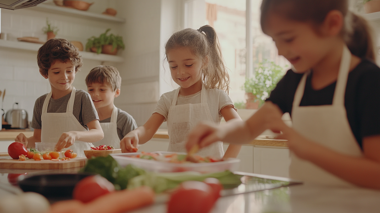 French Children Cooking Together in Bright Kitchen