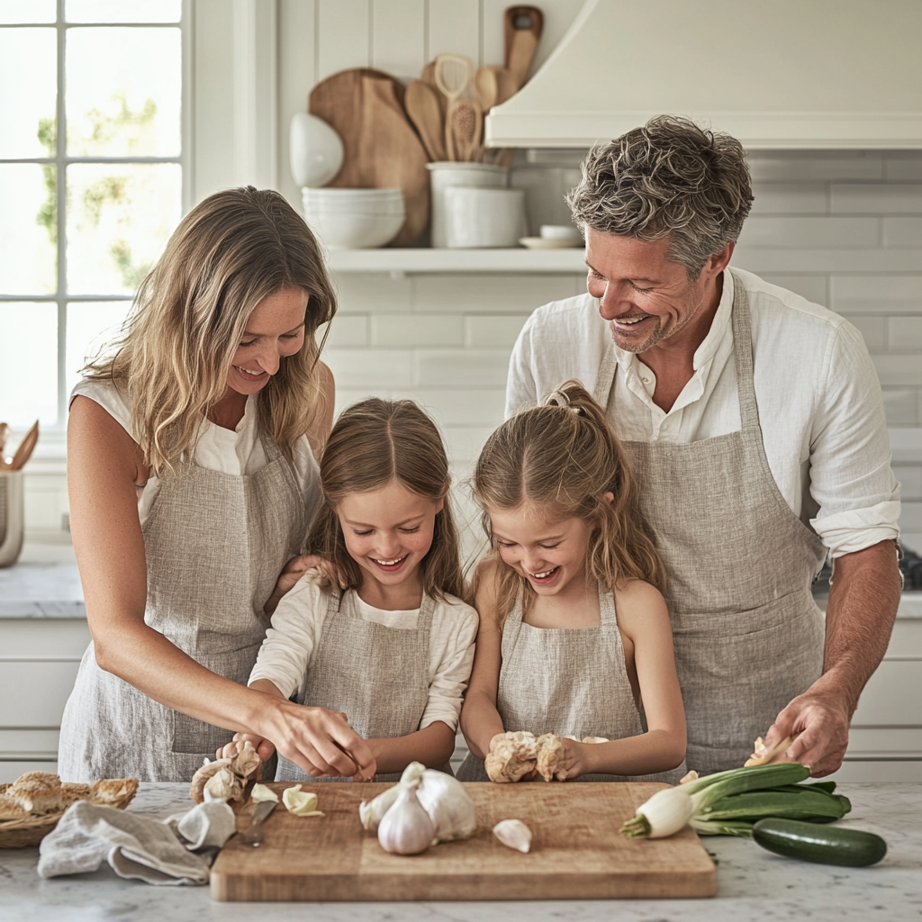 French Family Cooking Together in Modern Kitchen