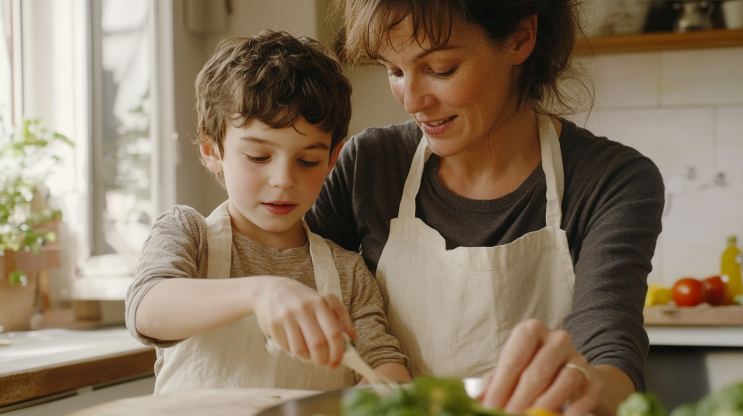 French Mother and Son Cooking Together in Kitchen