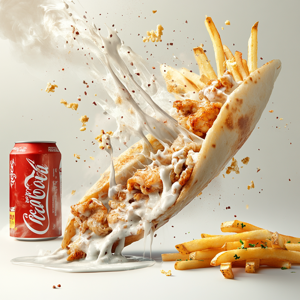 French Tacos Galette with chicken, fries, cheese sauce, ketchup, coke.