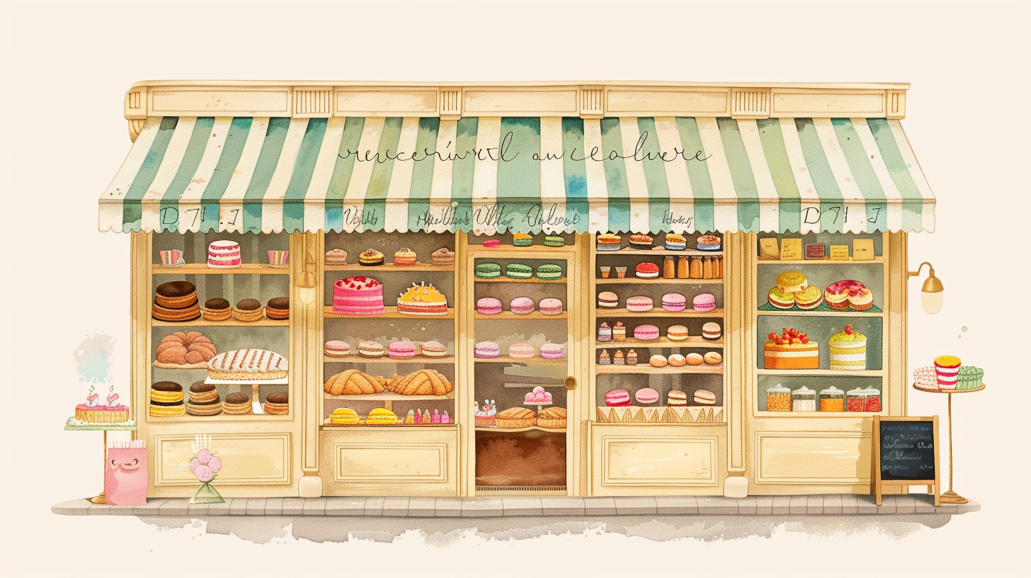 French bakery painting with sweets, cozy atmosphere, HD quality.