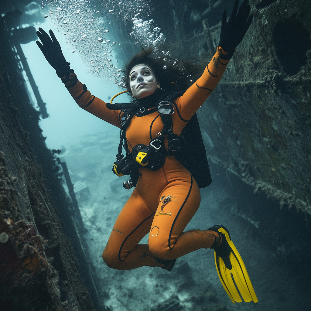 French brunette diving in sunken ship wearing orange drysuit.