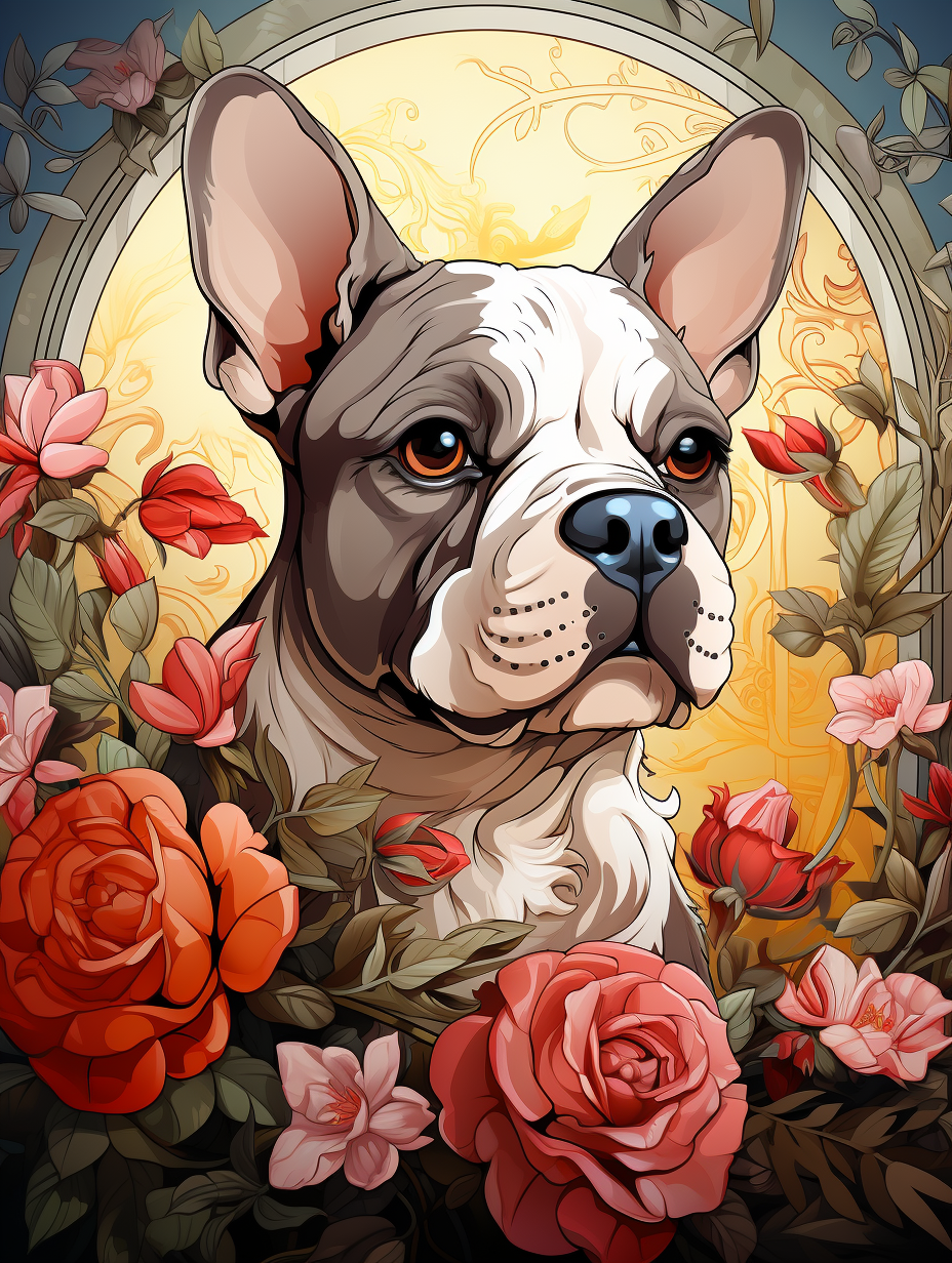 French bulldog with big eyes, black and white illustration.