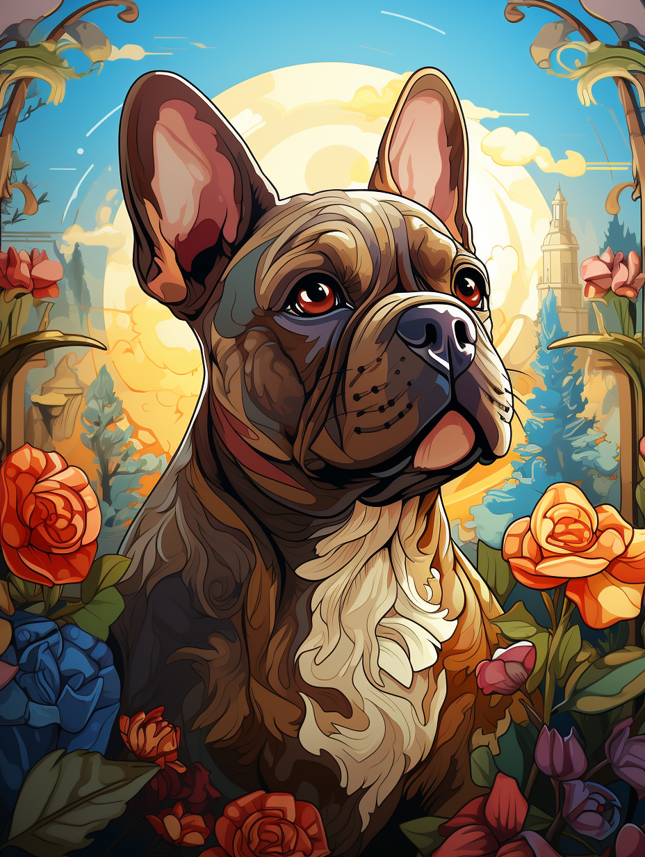 French bulldog with expressive eyes in doodle art style.