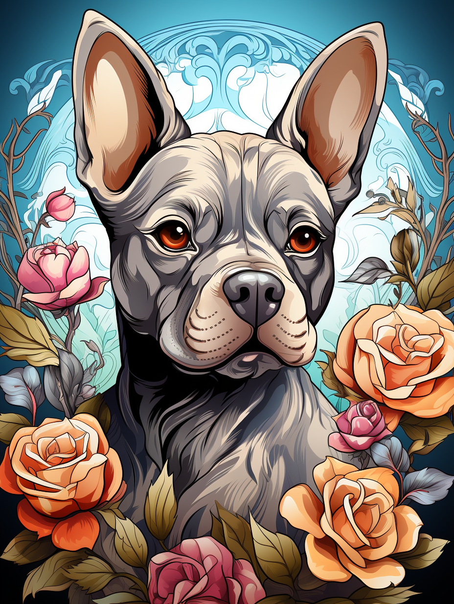 French bulldog with expressive eyes in intricate doodle style.