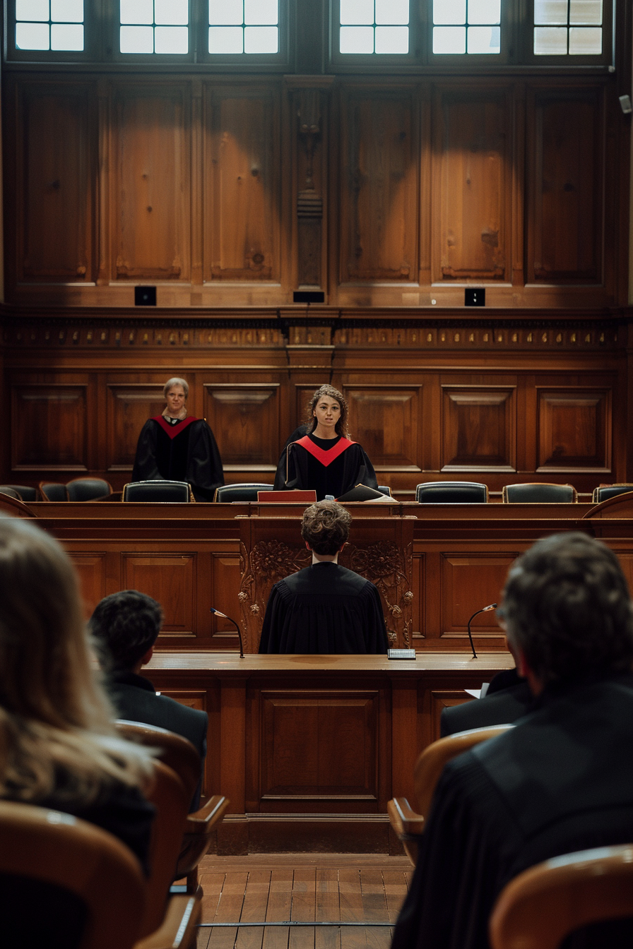 French courtroom with educators, judges, lawyers, prosecutor attentive.