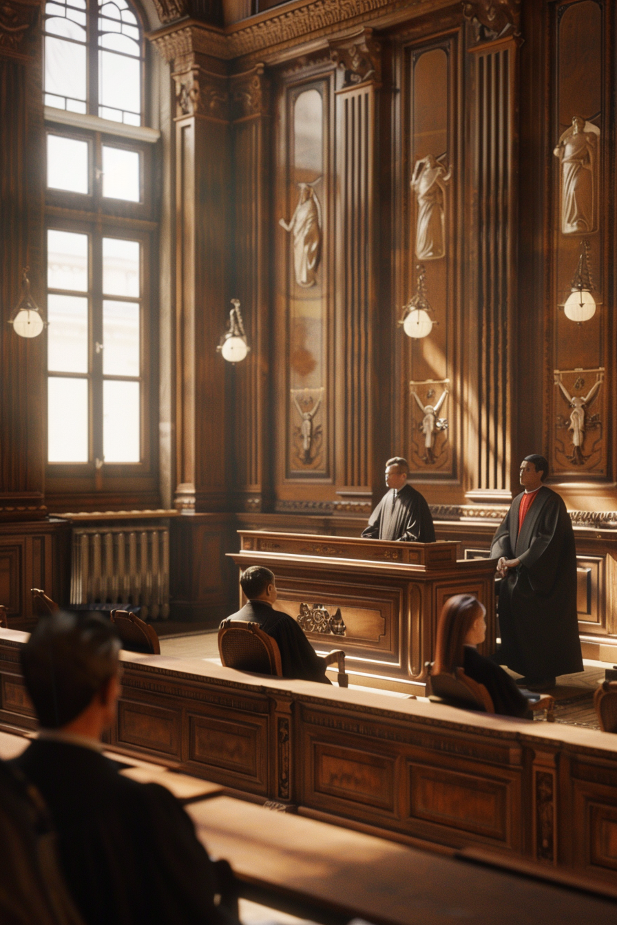 French courtroom with judges, lawyers, traditional decor, lighting.