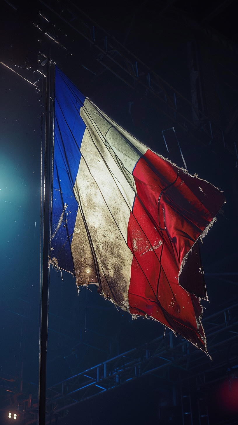 French flag illuminated by projector, vibrant and cinematic lighting.