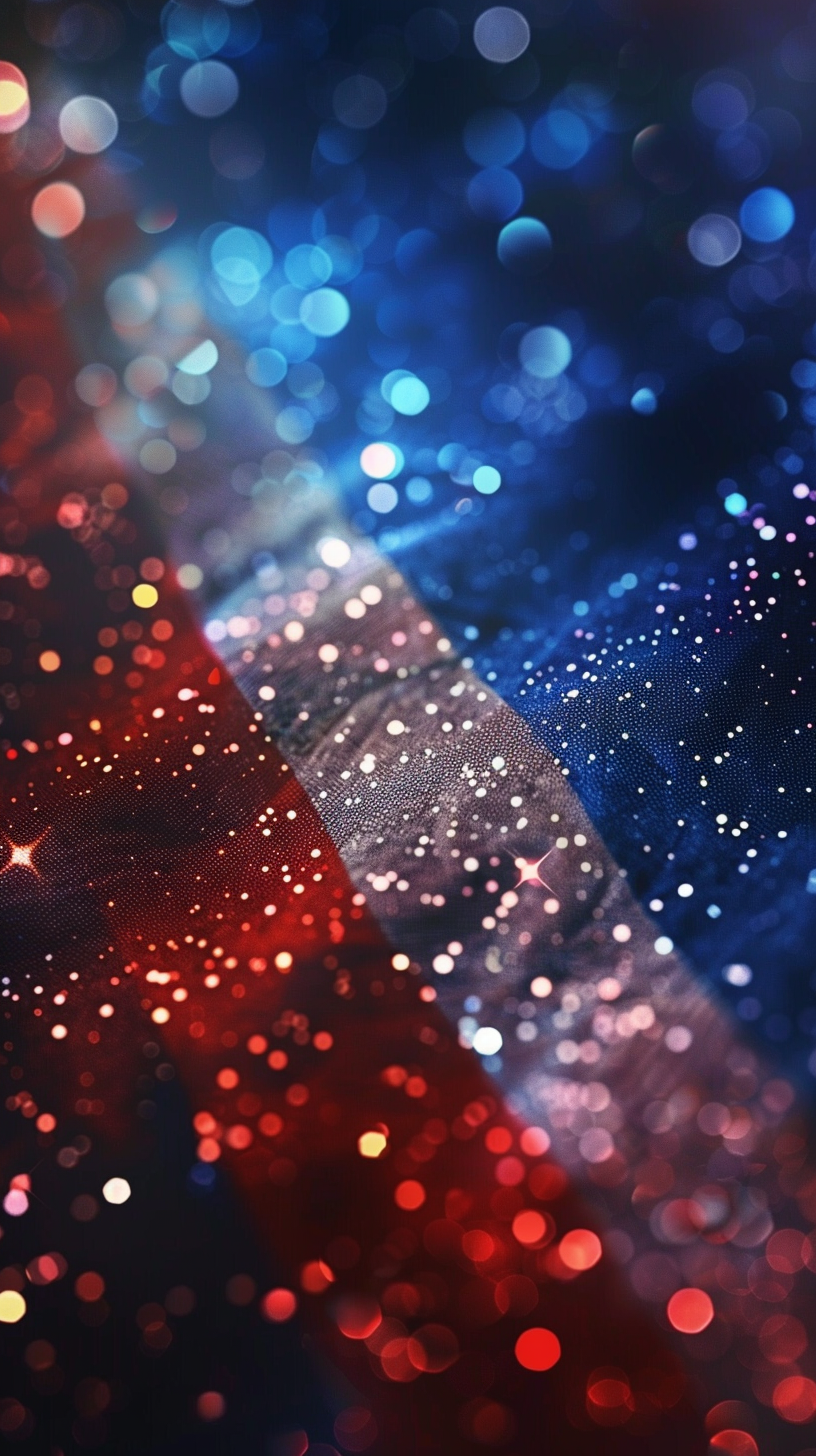 French flag illuminated by projector with glitter, realistic lighting.