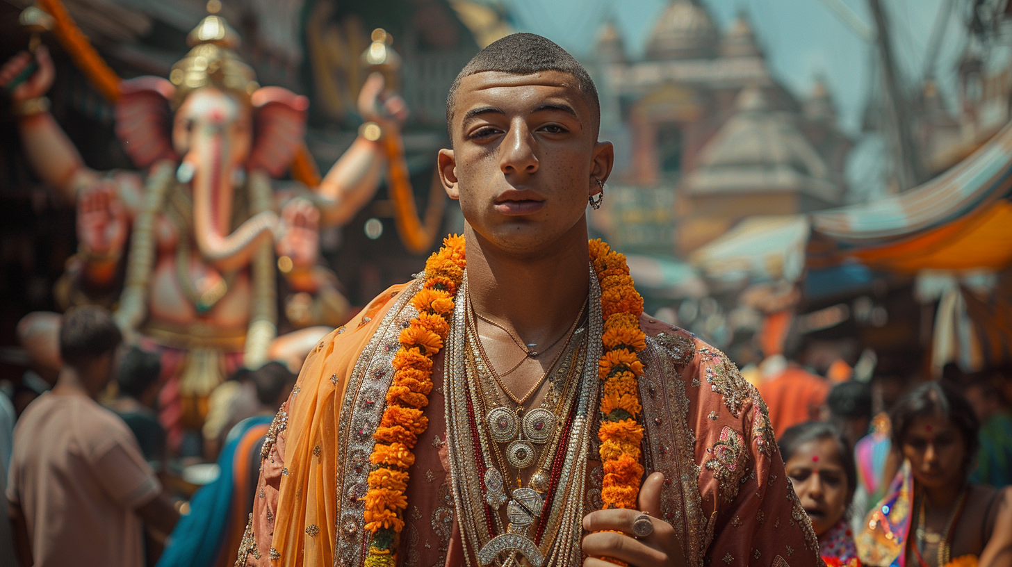 French football player in India, wearing traditional attire.