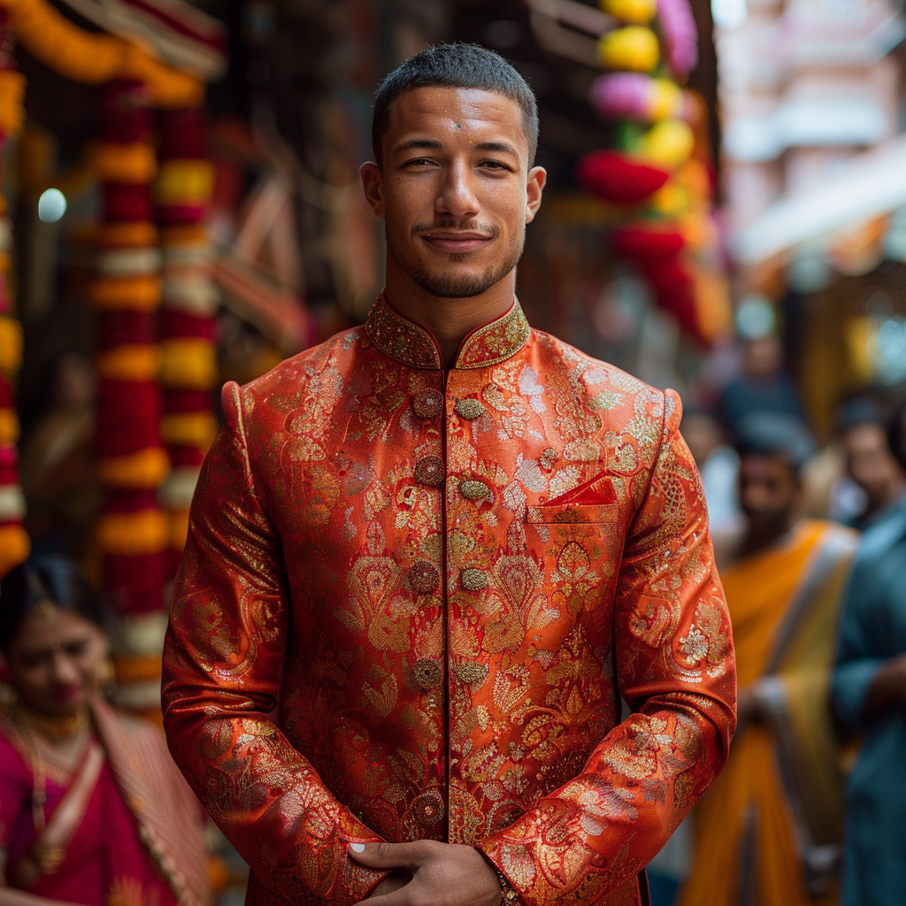 French football player in red sherwani at Indian festival.