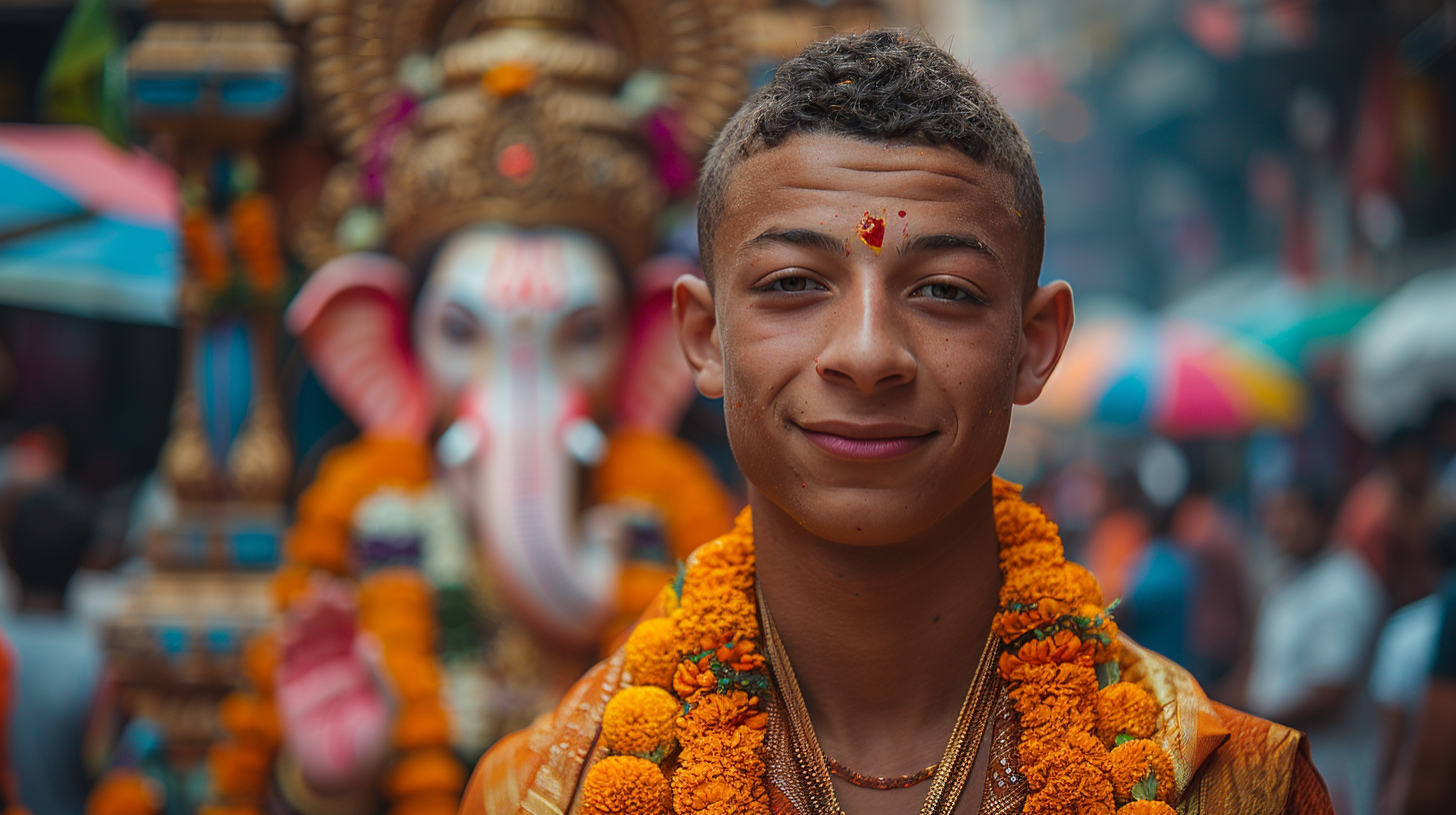 French footballer, Kylian Mbappé, in Indian sherwani, smiling.