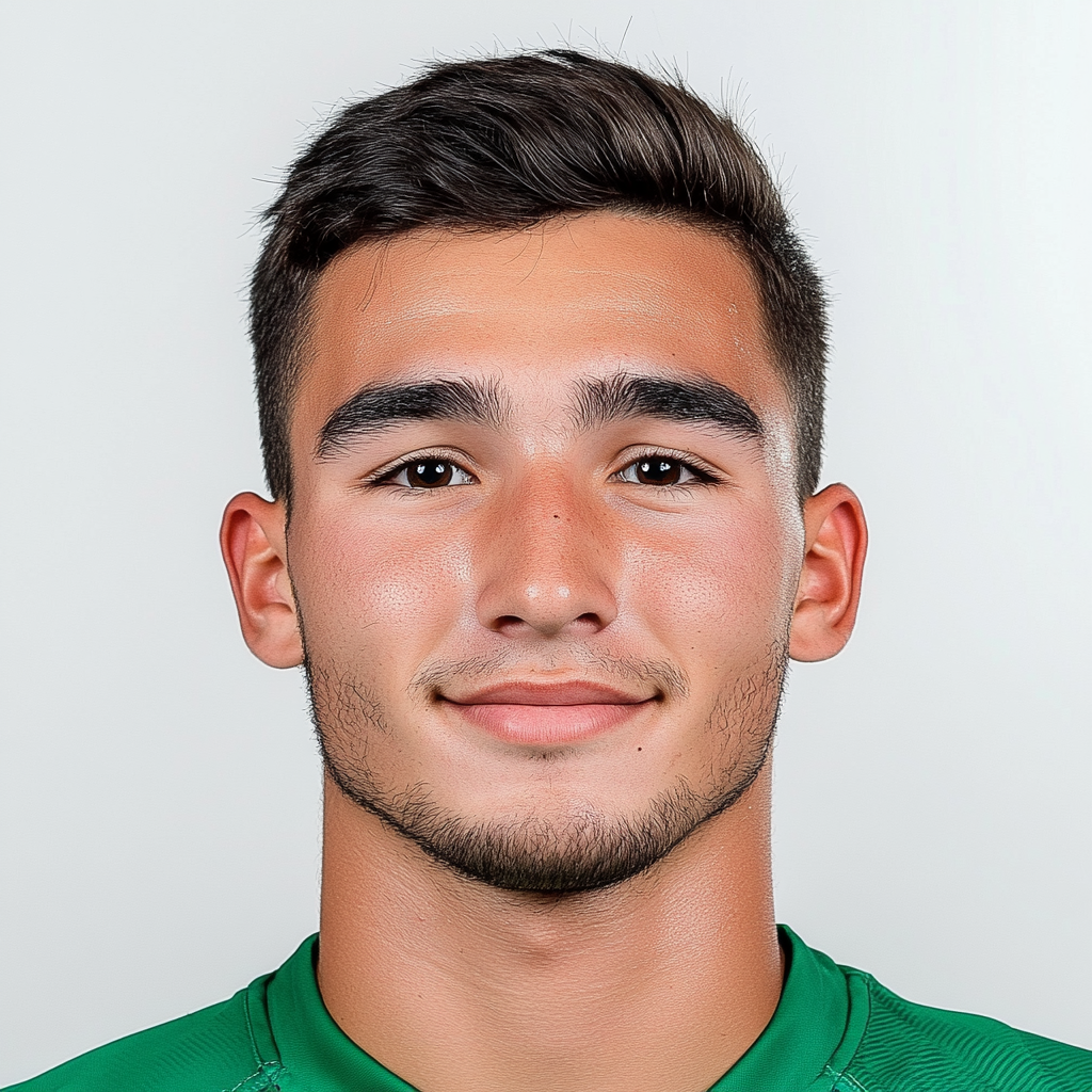 French footballer in AS Saint Etienne jersey smiling portrait.