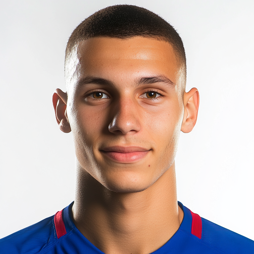 French footballer in blue shirt, smiling, short dark hair.