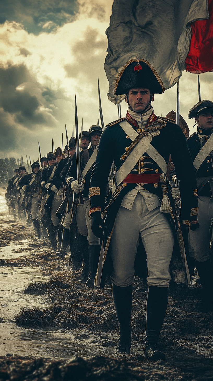 French soldiers donning uniforms with bayonets under stormy skies.