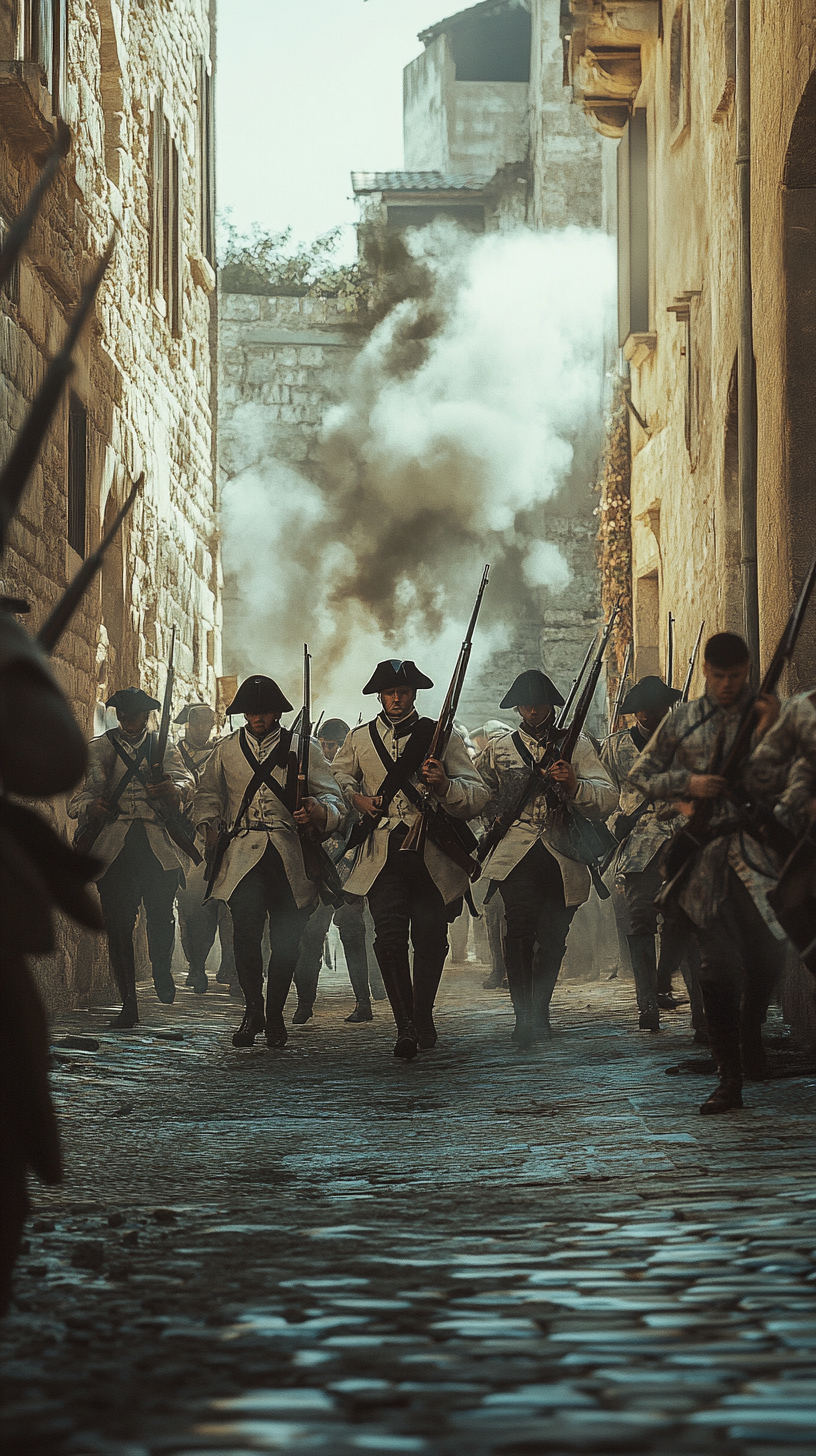 French soldiers storming Jaffa streets with weapons drawn.