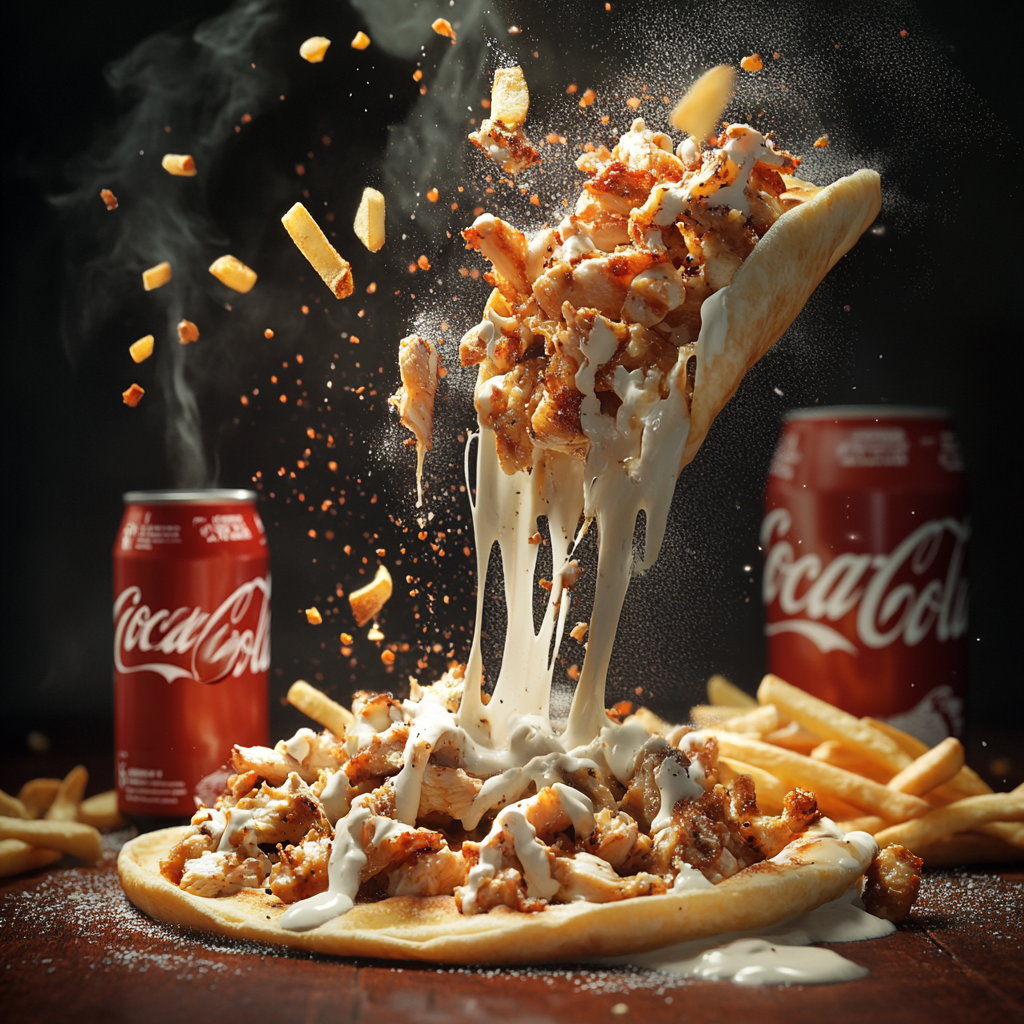 French tacos galette with chicken, fries, and white sauce. French fries, ketchup, Coca-Cola in artistic advertising design.