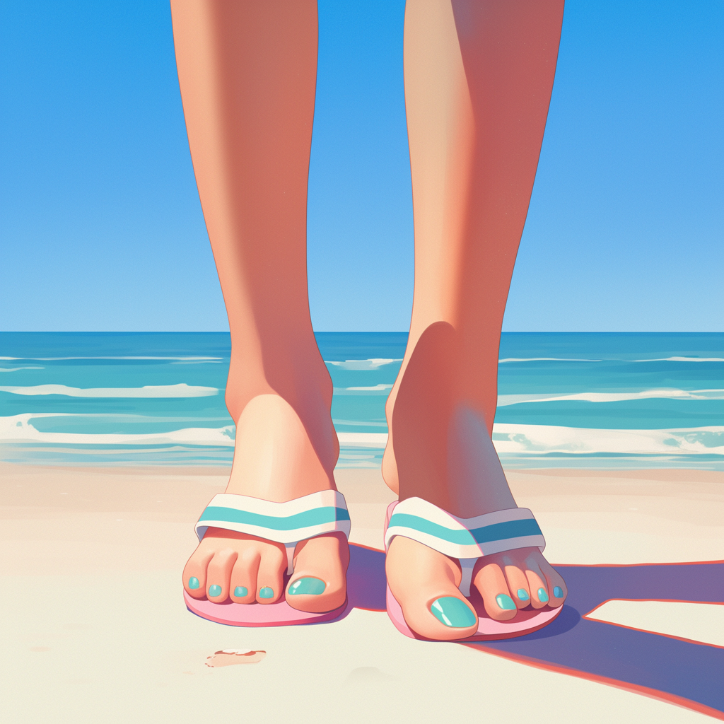 Fresh, shiny toenails in sandals on beach