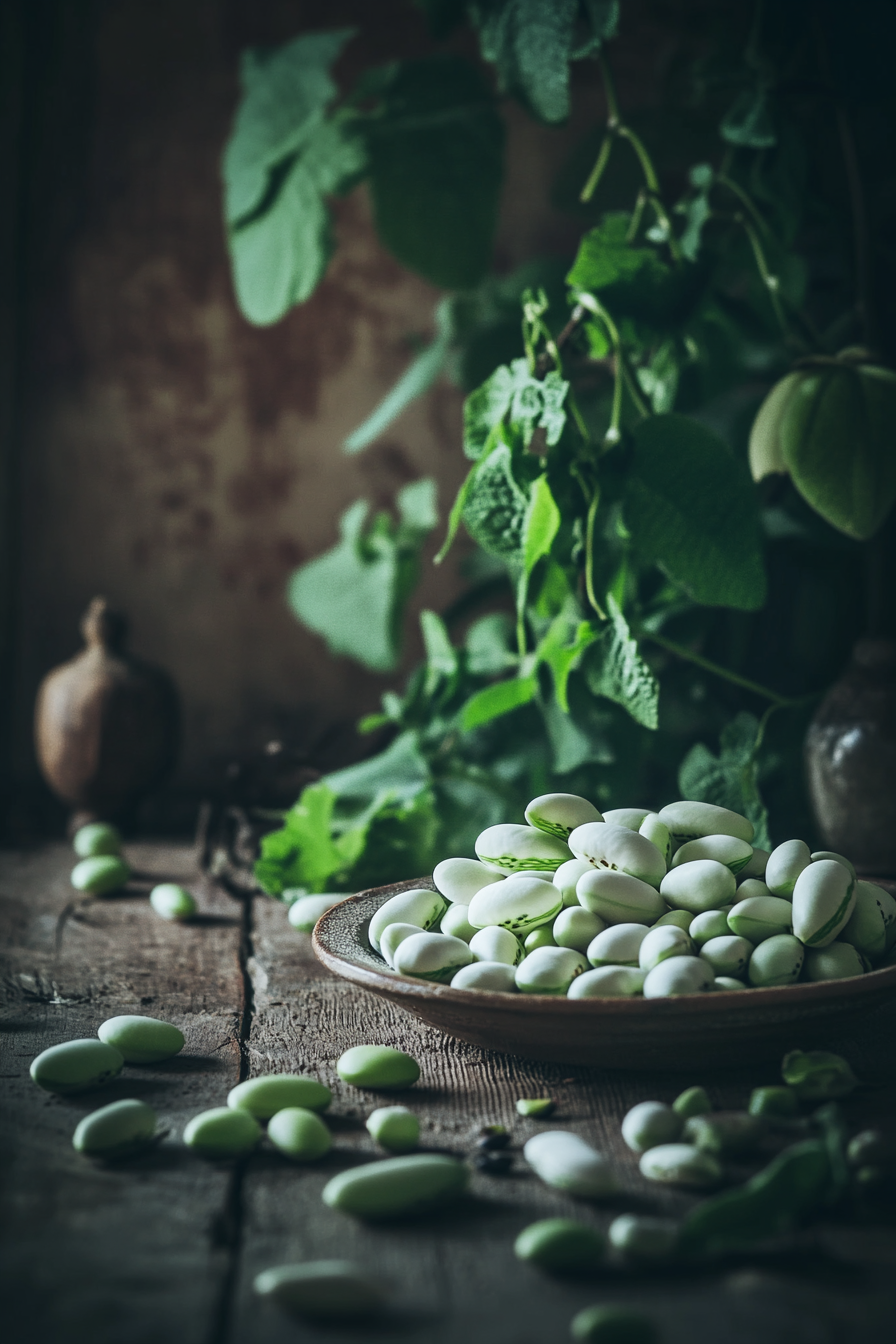 Fresh Broad Beans on Table with Decorations