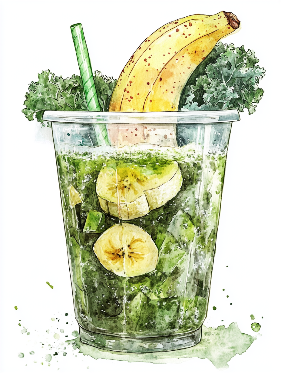 Fresh Juice with Avocado, Kale, Banana in Watercolour