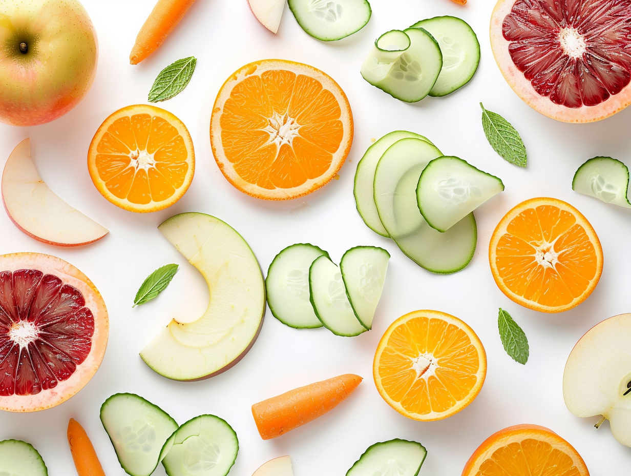 Fresh Sliced Fruits and Vegetables on White Background