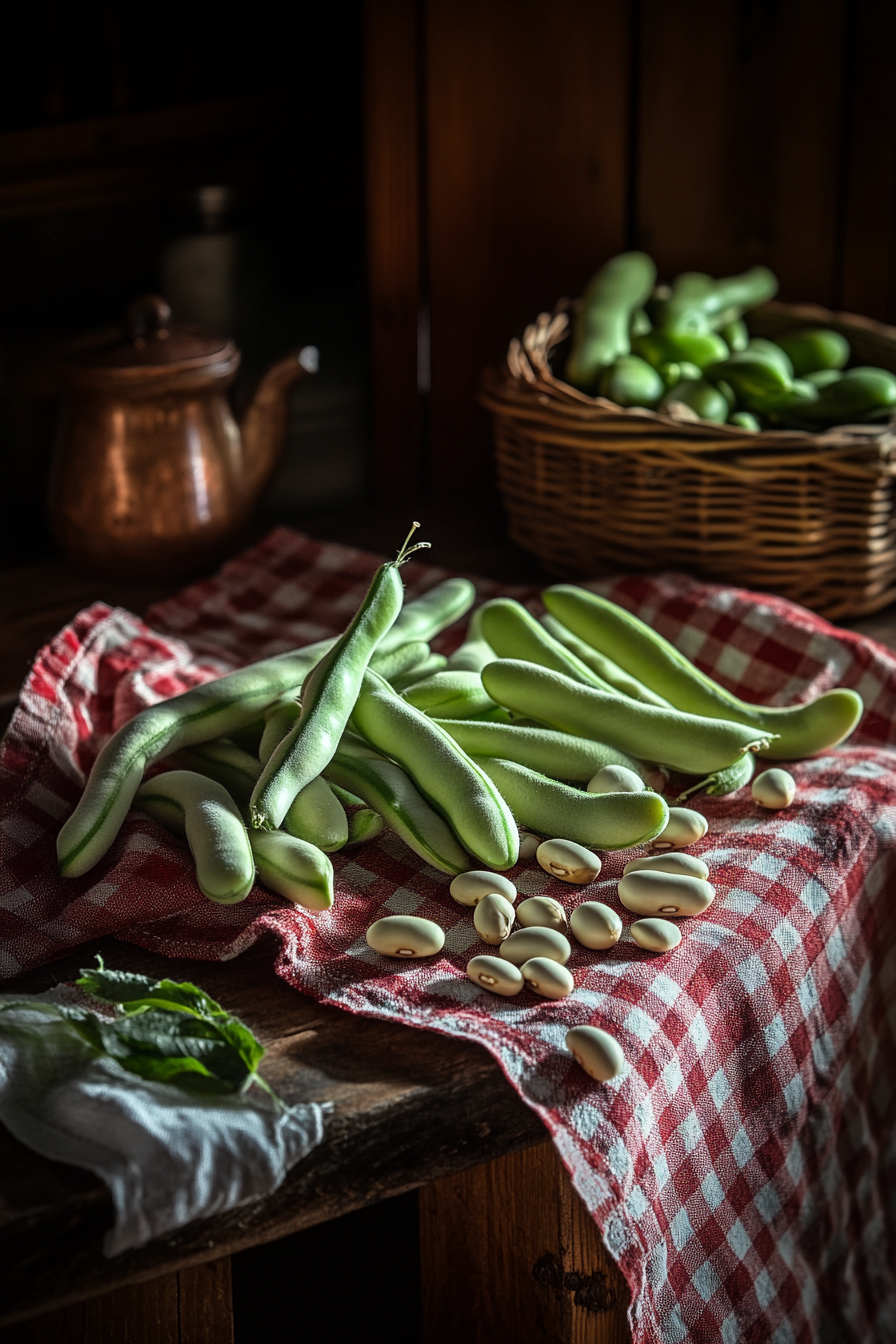 Fresh broad beans on table with fava beans.