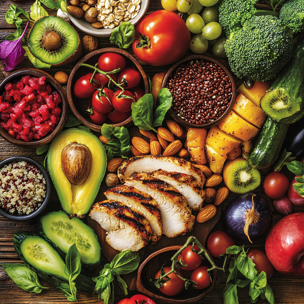 Fresh fruits and veggies displayed on wooden table setting.