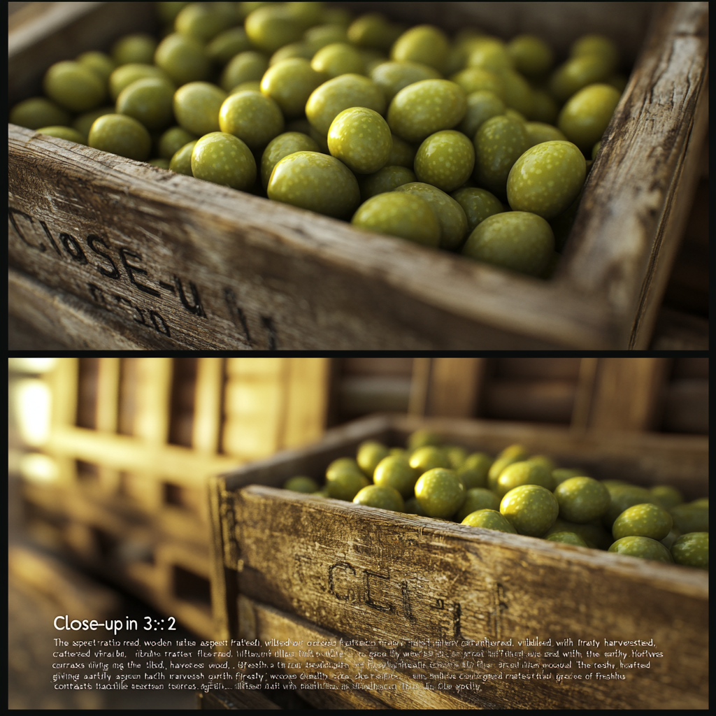 Fresh green olives in crates under golden light