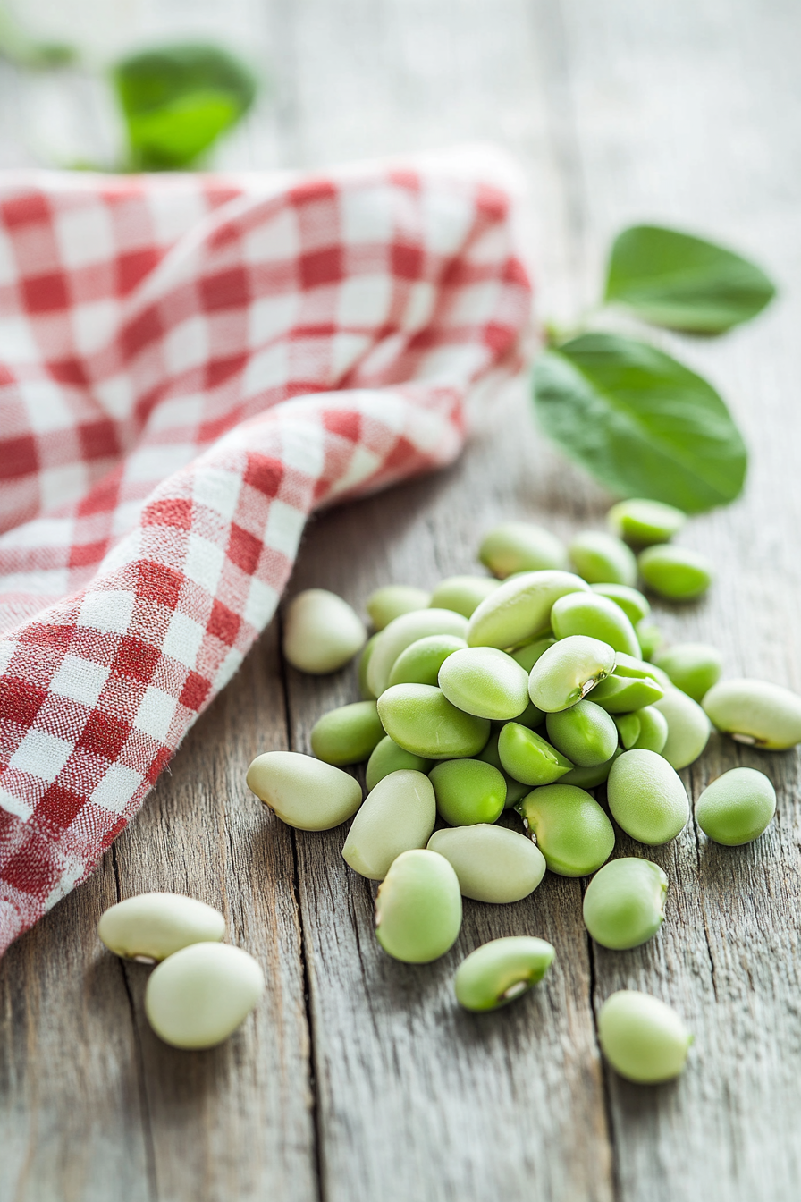 Fresh green peas and beans on table close-up.