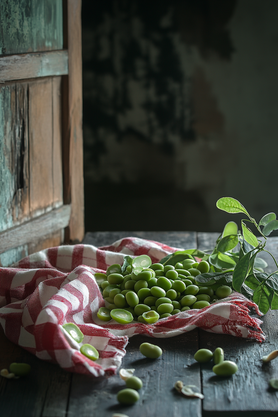 Fresh green peas and broad beans on table.