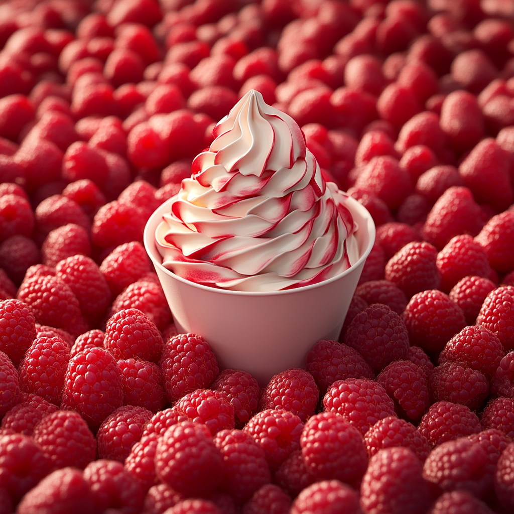 Fresh red raspberries surrounding a paper ice cream cup.