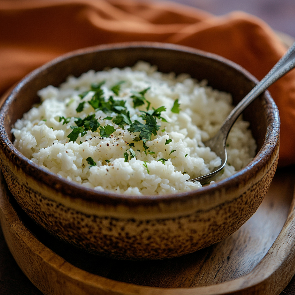 Fresh white rice with cilantro on rustic bowl