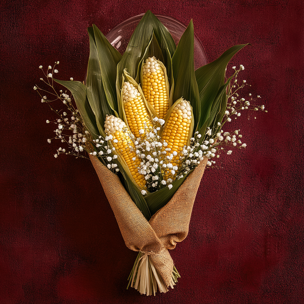 Fresh yellow and white corn bouquet on dark red.