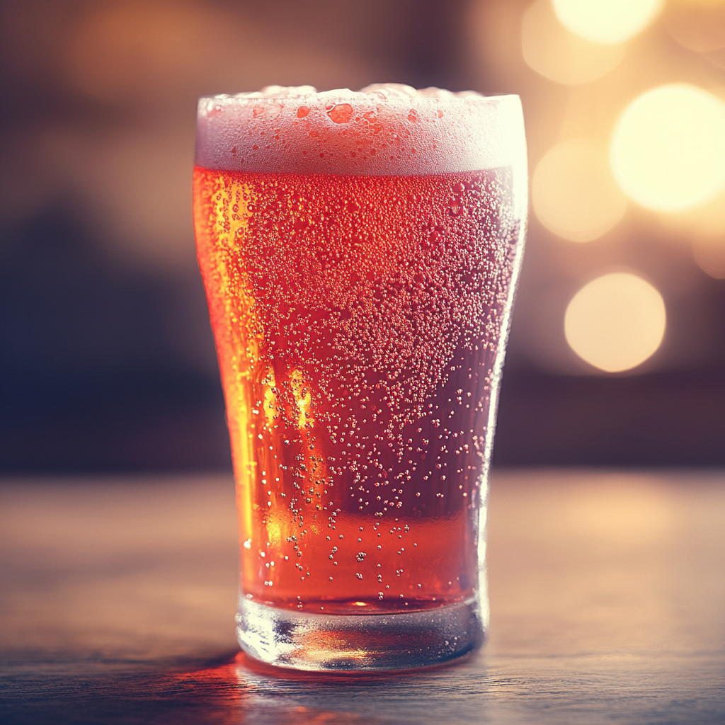 Freshly poured red soda in glass with foam