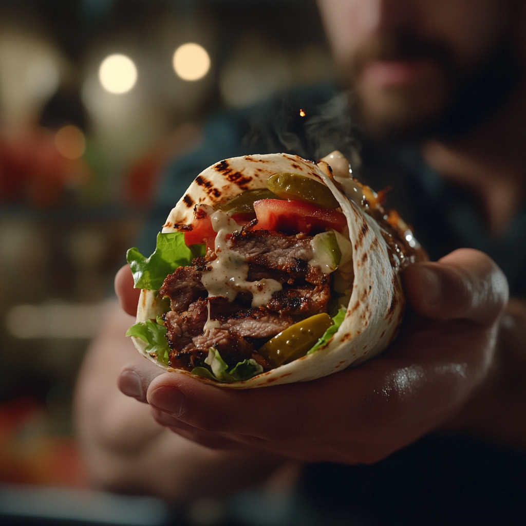 Freshly sliced shawarma wrap overflowing with juicy, seasoned meat