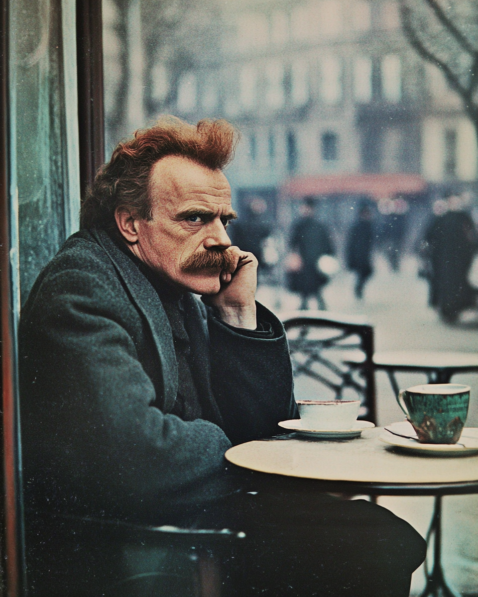 Friedrich Nietzsche pondering in Parisian cafe in 1950s.