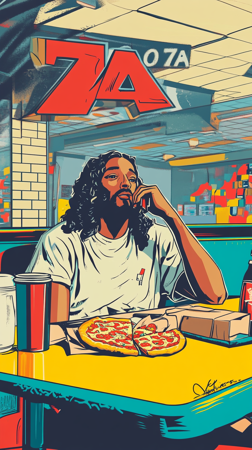 Friendly Black Jesus enjoys pizza in Pizza Hut.