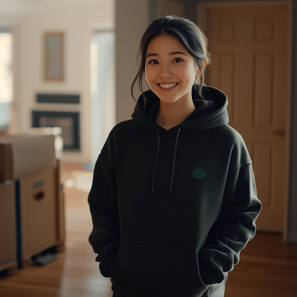 Friendly Japanese influencer supervises move-out with smile.