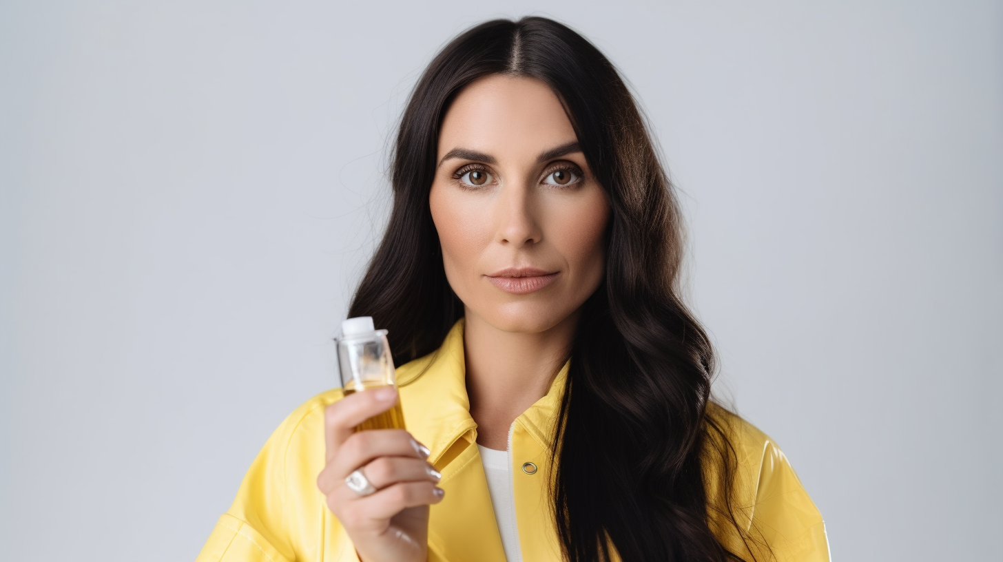 Friendly Woman Presenting Face Cream in Lab Coat