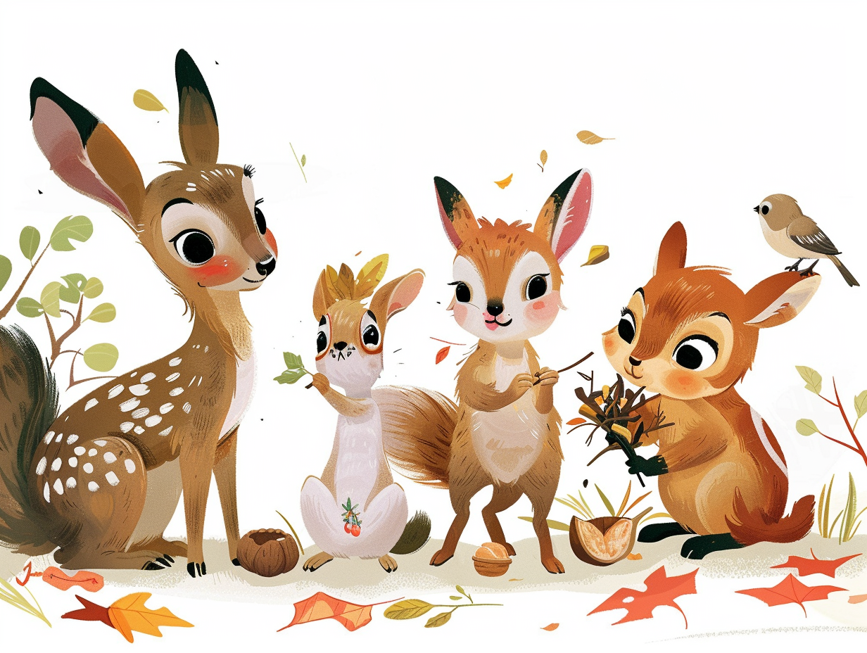 Friendly deer, squirrel, and bird helping Bunny with tools.