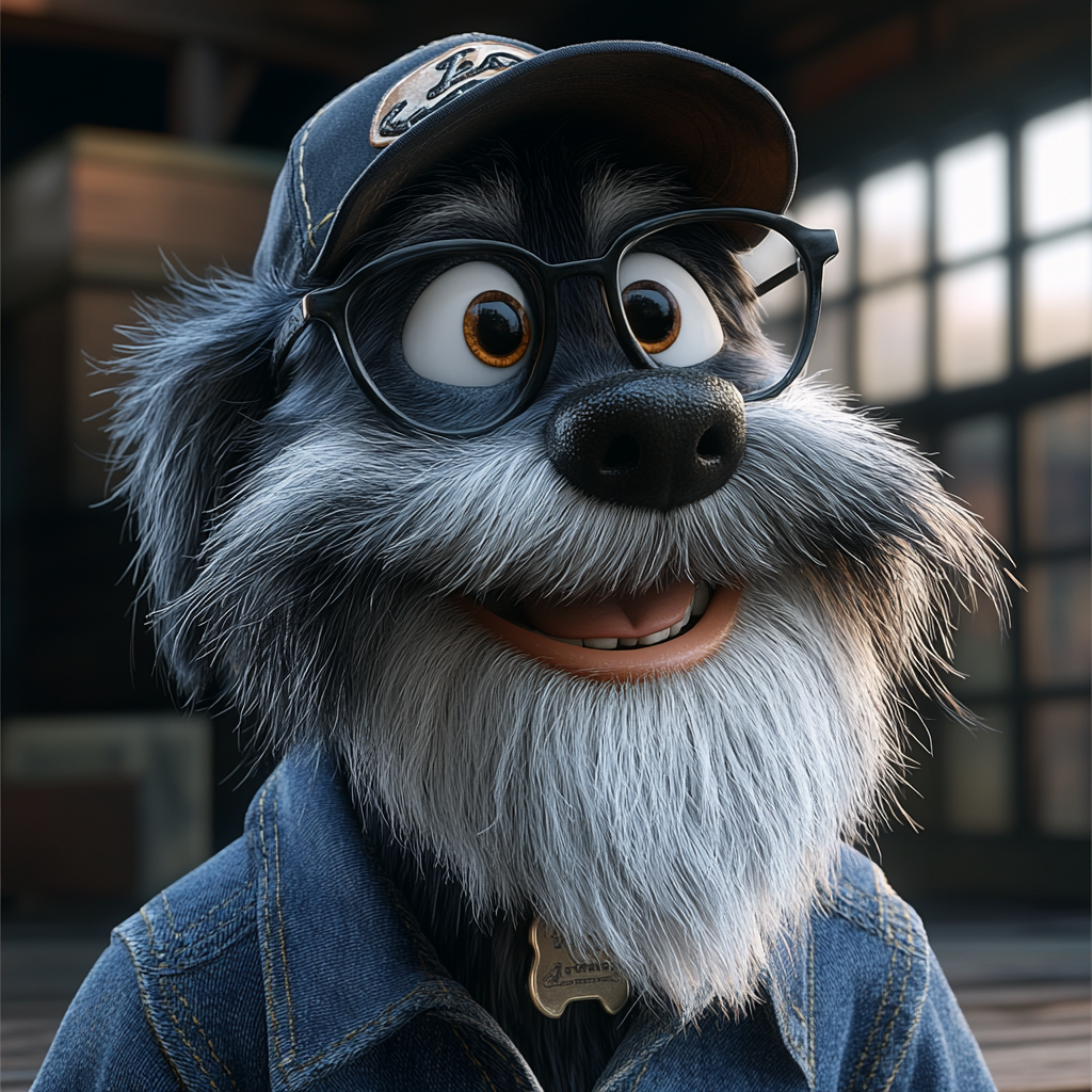 Friendly dog with glasses, cap and beard smiles.