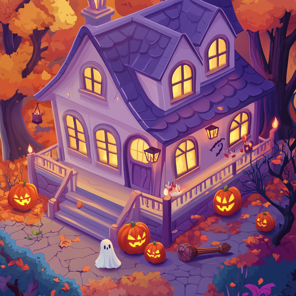 Friendly ghosts in colorful house with witch's broom.