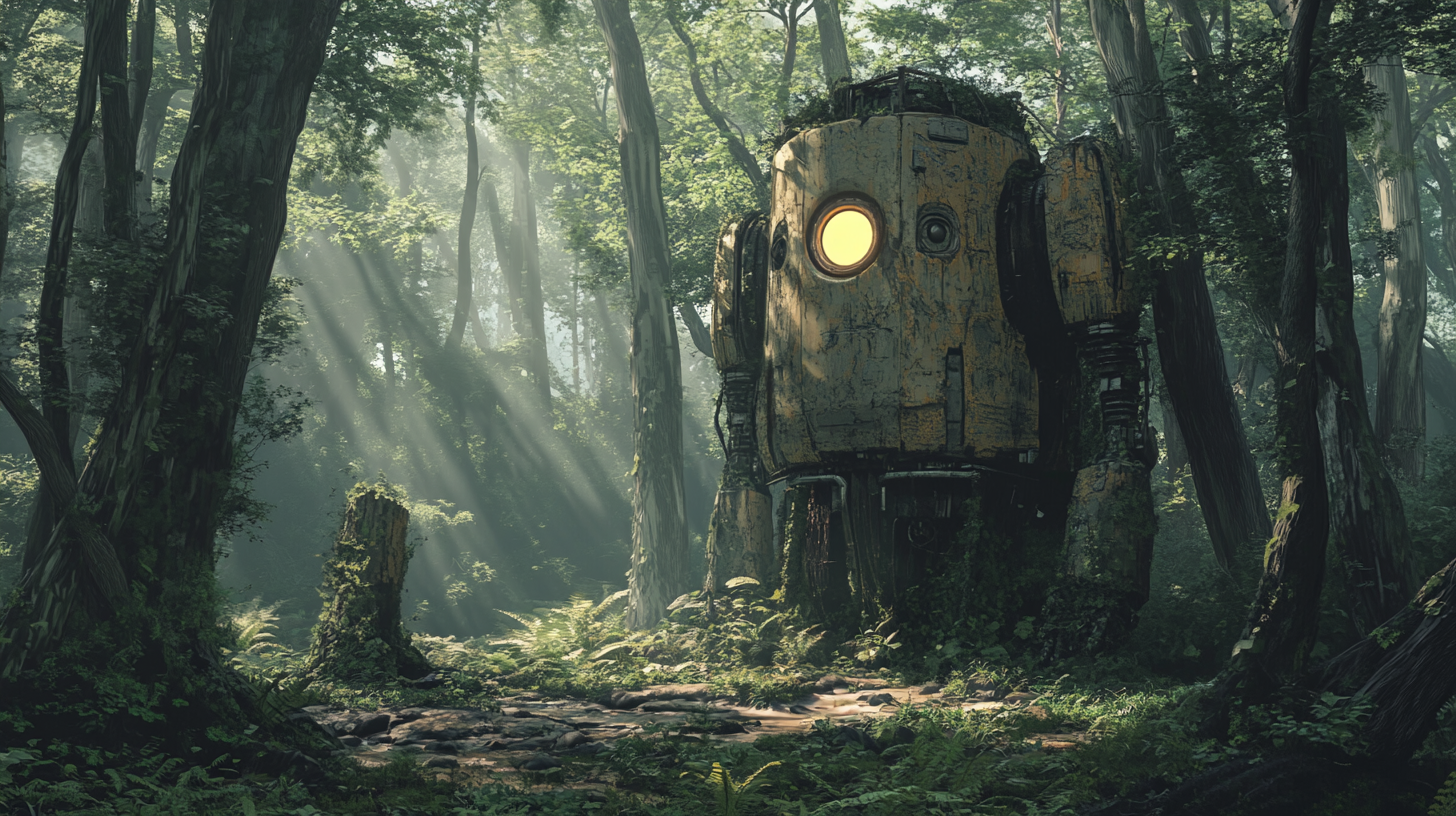 Friendly giant robot in forest with illuminated eyes.