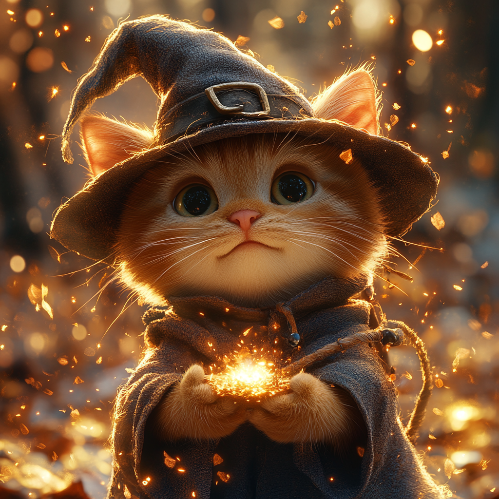 Friendly ginger cat wizard casting spells in magical grove