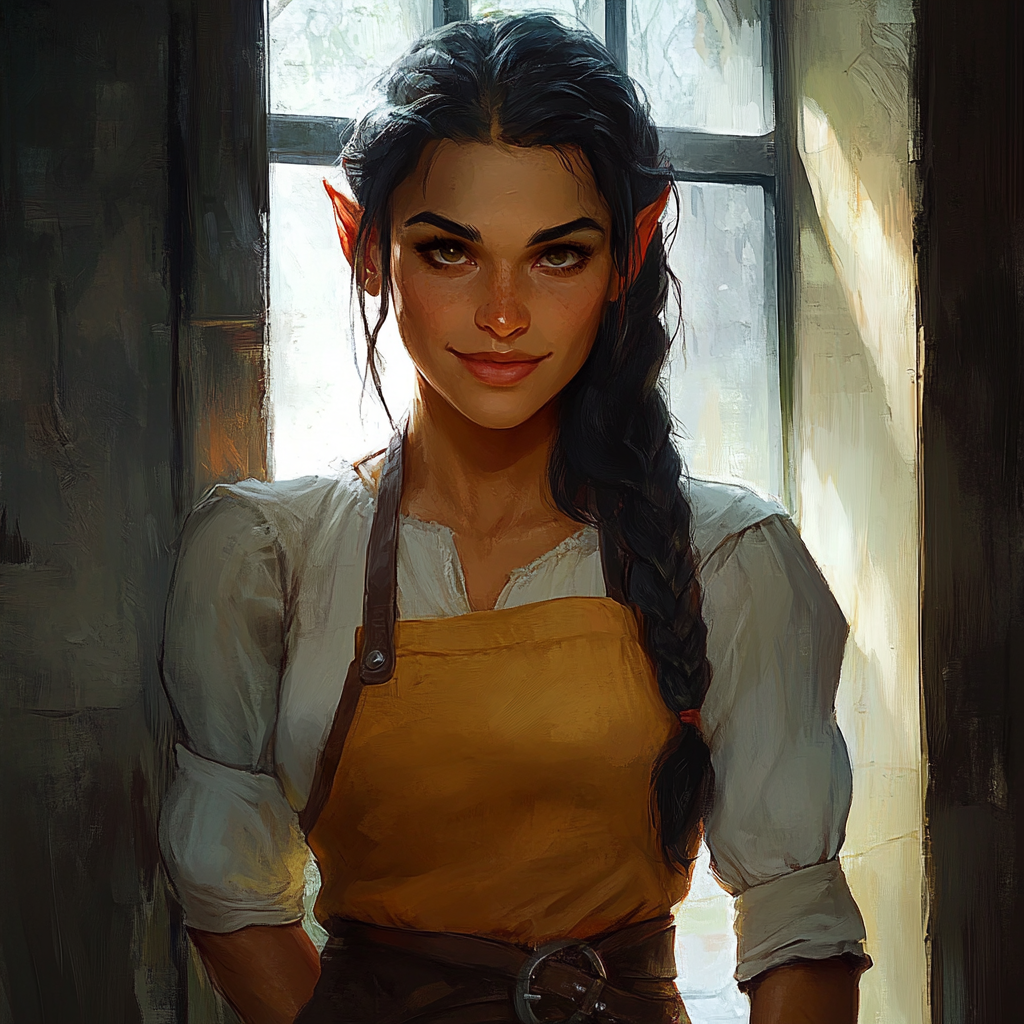 Friendly half-orc woman in apron welcomes visitors