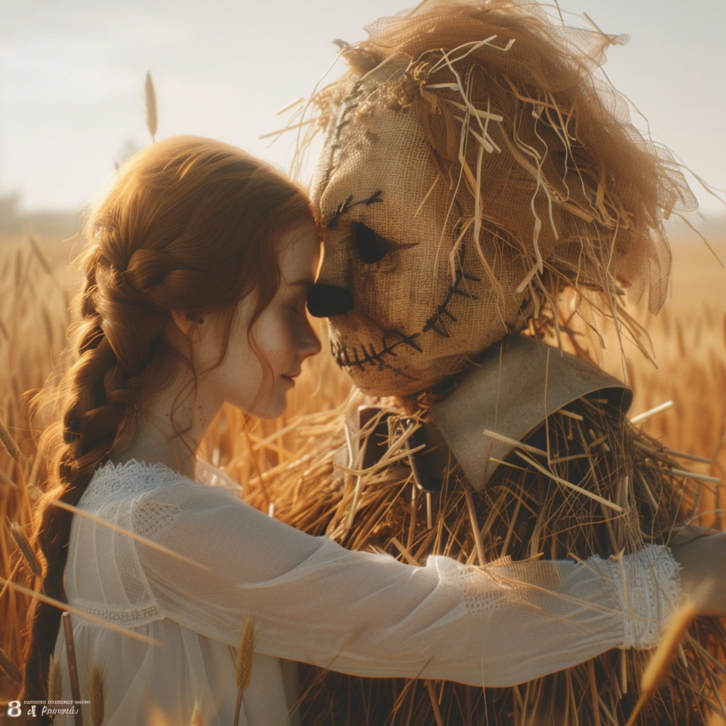 Friendly scarecrow in wheat field hugs girl, camera effects.