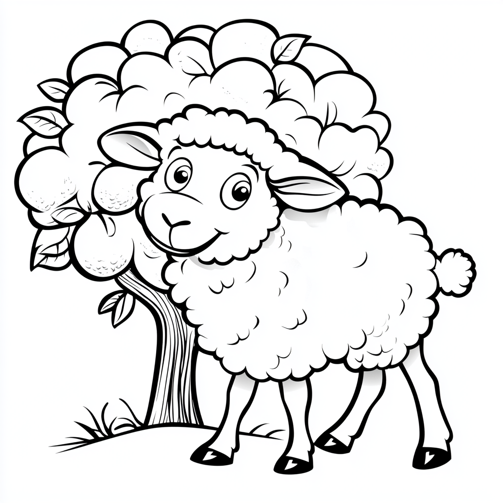 Friendly sheep in Disney cartoon style, standing beside apple tree.